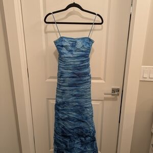 Nicole Miller Collection Strapless Blue Tie-Dye Ruched Gown